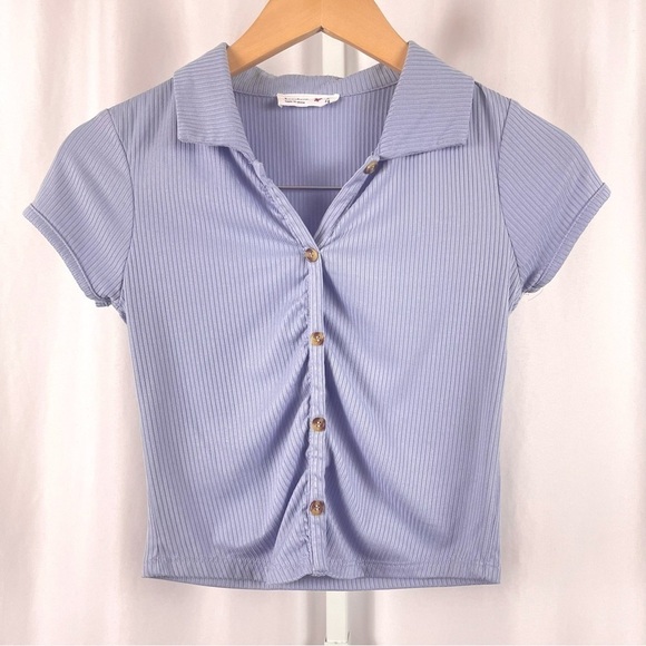 Beautees Large 14 Y2K Ribbed Faux Button Up Collared Crop Top Modest V Neck - Picture 1 of 7